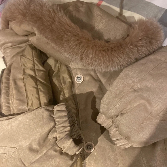 Cleo petites tan faux fur trim soft suede puffer jacket Sz PM - Picture 7 of 14